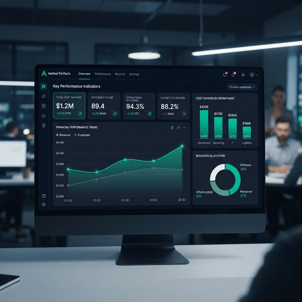 Painel de gestão da Otimiza com indicadores de economia e eficiência