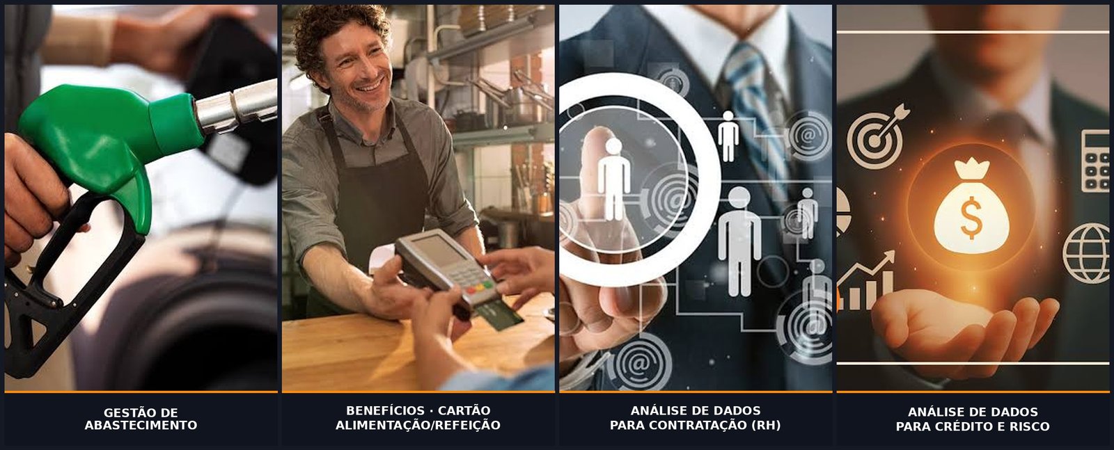 As quatro frentes da Otimiza: gestão de abastecimento, benefícios (cartão alimentação/refeição), análise de dados para contratação (RH) e análise de dados para crédito e risco